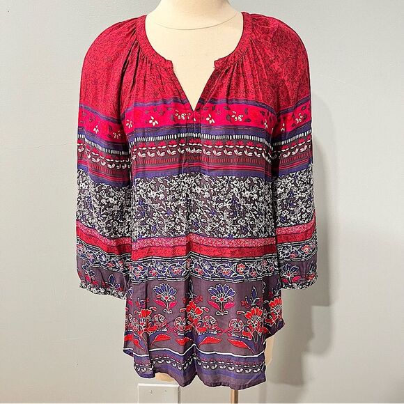 Beach Lunch Lounge Maroon And Navy Floral Boho Peasant Top Size Small - Picture 2 of 9